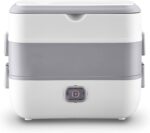 Four‑tier white and light gray electric food steamer with a small front control/steam vent panel on the bottom tier.