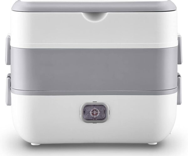 Four‑tier white and light gray electric food steamer with a small front control/steam vent panel on the bottom tier.