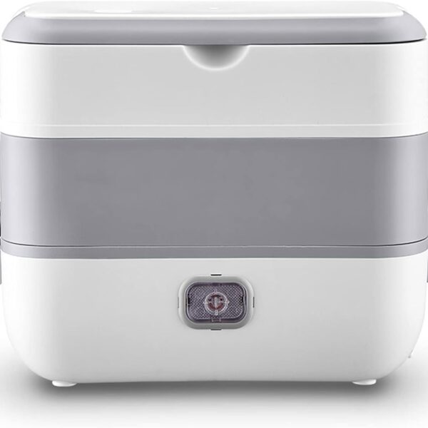 Four‑tier white and light gray electric food steamer with a small front control/steam vent panel on the bottom tier.