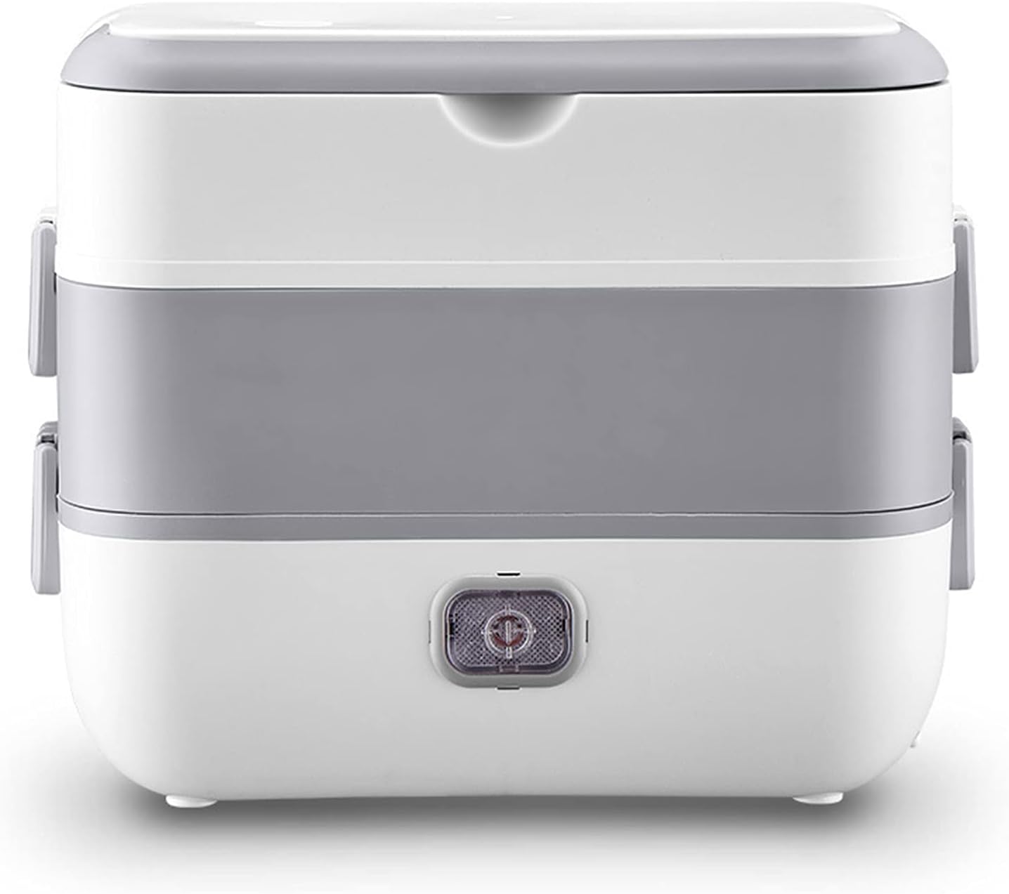 Four‑tier white and light gray electric food steamer with a small front control/steam vent panel on the bottom tier.