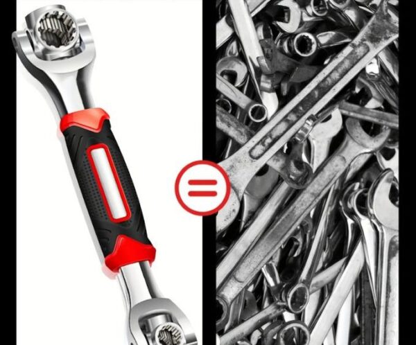 Left panel shows a single adjustable wrench; right panel shows a chaotic pile of tools with an equals sign between them, implying comparison or equivalence between 1 wrench and a box set of tools.