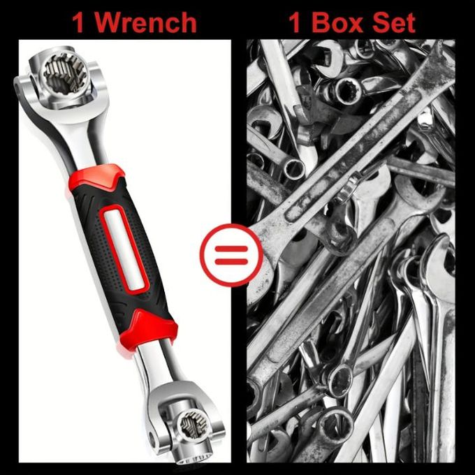 Left panel shows a single adjustable wrench; right panel shows a chaotic pile of tools with an equals sign between them, implying comparison or equivalence between 1 wrench and a box set of tools.