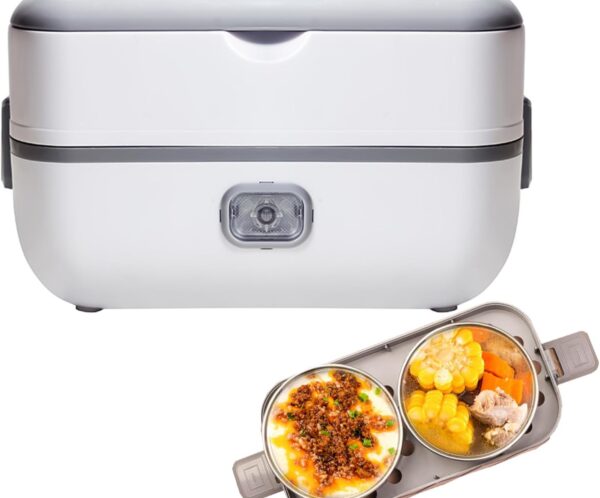White portable electric lunch box with a hinged lid, shown with a two-compartment metal lunch tray containing rice with meat and corn sides