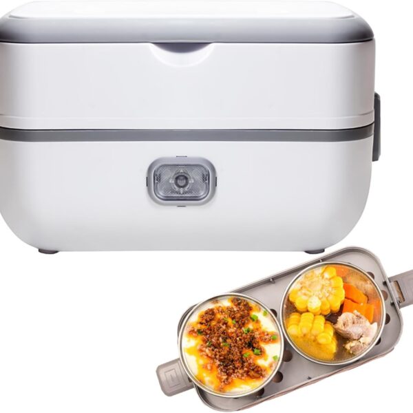 White portable electric lunch box with a hinged lid, shown with a two-compartment metal lunch tray containing rice with meat and corn sides