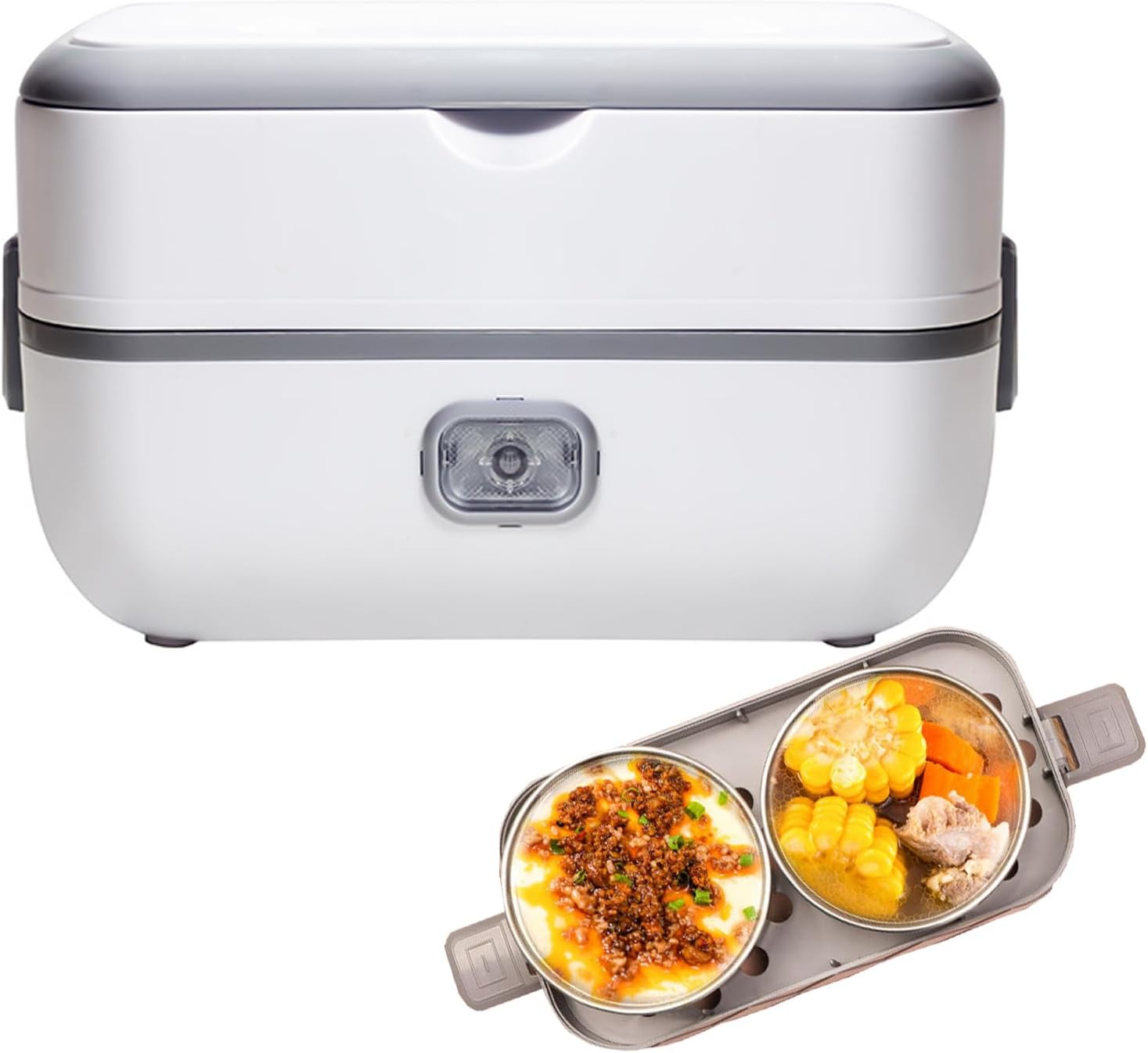 White portable electric lunch box with a hinged lid, shown with a two-compartment metal lunch tray containing rice with meat and corn sides