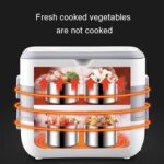 Infographic-style toaster heating vegetables with steam and orange rings illustrating heat flow; caption reads 'Fresh cooked vegetables are not cooked'.