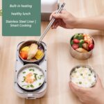 Self-heating lunch box with stainless steel inner pots; a hand uses chopsticks to serve food from the pot, with bowls of rice and vegetables nearby. The teal banner on the left reads: 'Built-in heating, healthy lunch, Stainless Steel Liner | Smart Cooking.'