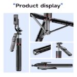 Product collage of an adjustable selfie stick with built-in tripod and phone holder.