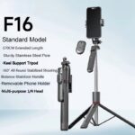 F16 Standard Model tripod with phone holder, extended to 170 cm on a stainless steel pole.