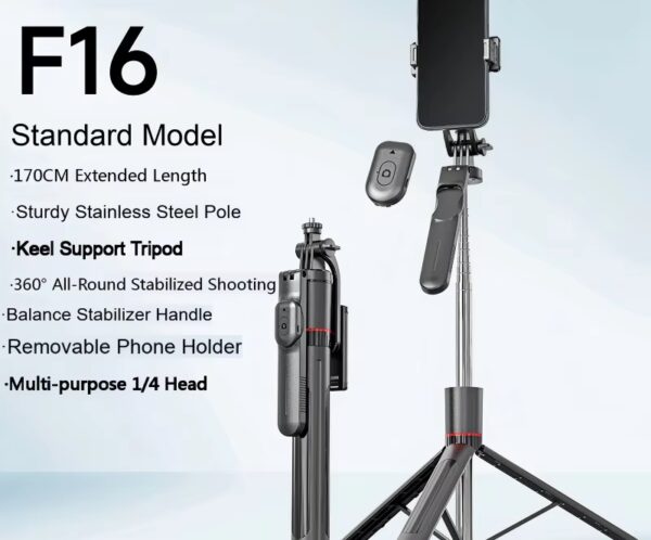 F16 Standard Model tripod with phone holder, extended to 170 cm on a stainless steel pole.
