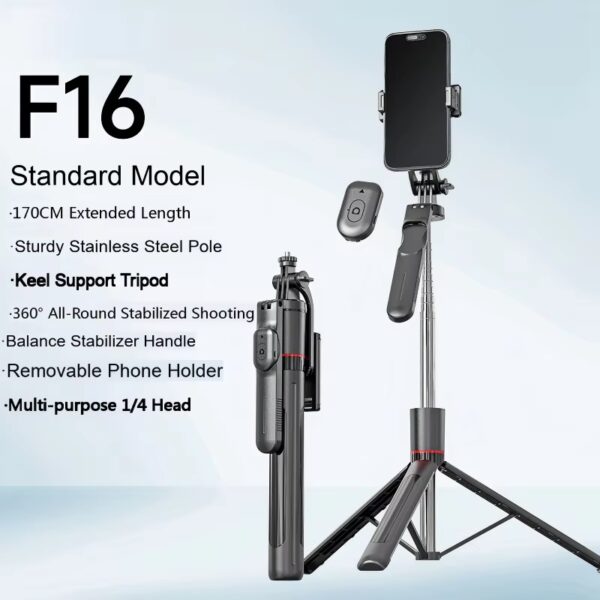 F16 Standard Model tripod with phone holder, extended to 170 cm on a stainless steel pole.