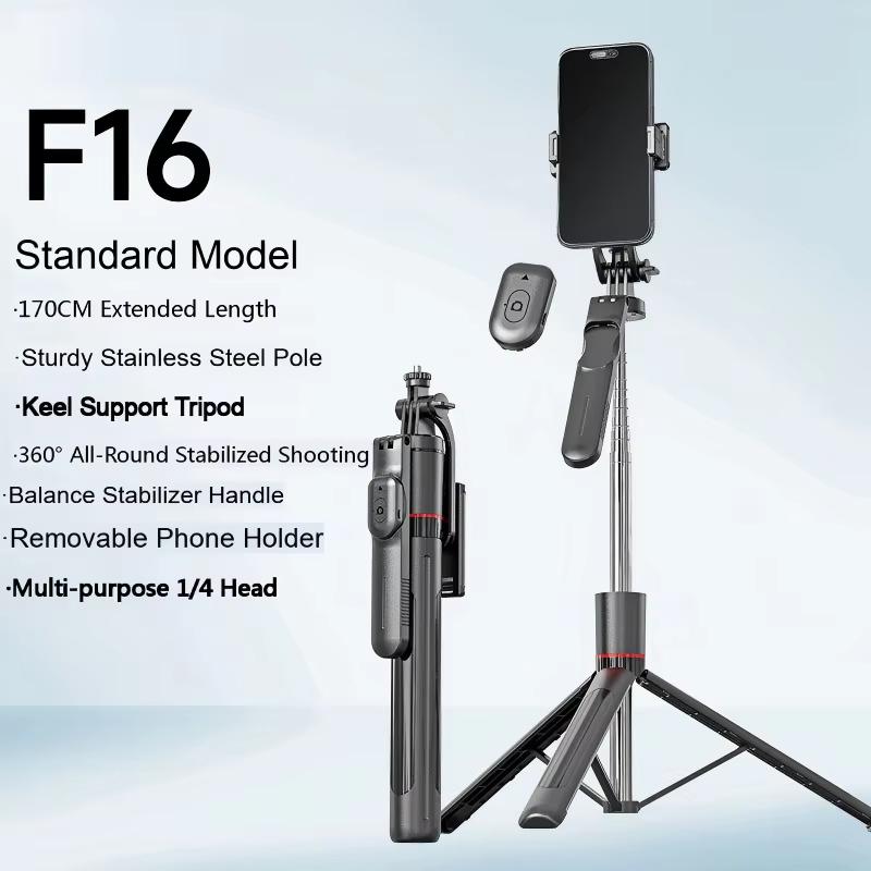F16 Standard Model tripod with phone holder, extended to 170 cm on a stainless steel pole.