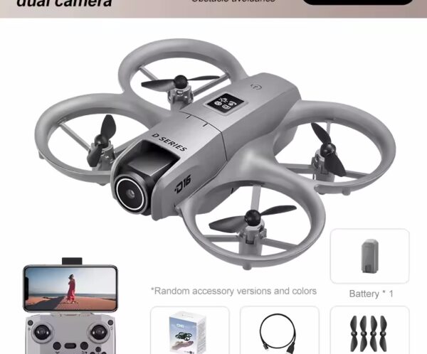 D16 quadcopter with protective ring guards shown with remote, smartphone, and accessories like battery and charger.