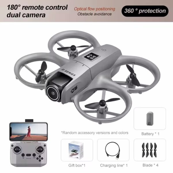 D16 quadcopter with protective ring guards shown with remote, smartphone, and accessories like battery and charger.