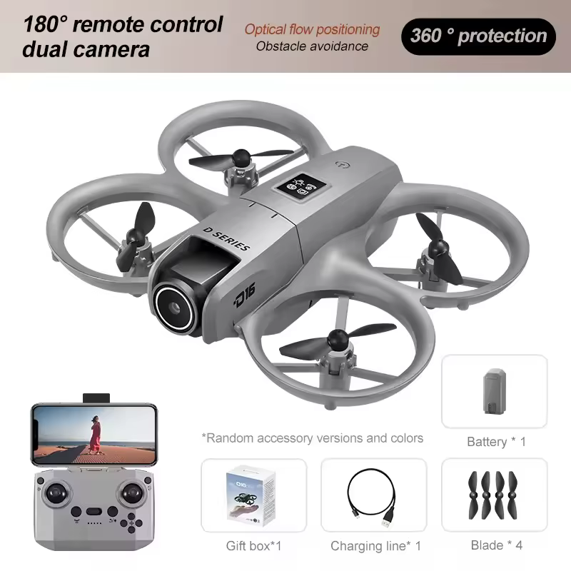 D16 quadcopter with protective ring guards shown with remote, smartphone, and accessories like battery and charger.