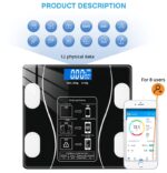 Infographic header 'Product Description' with 12 blue feature icons above a black digital scale and a smartphone app for eight users.