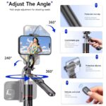 Multi‑angle smartphone gimbal with 360° rotation; highlights non‑slip pattern, comfortable grip, protective silicone, and small remote.