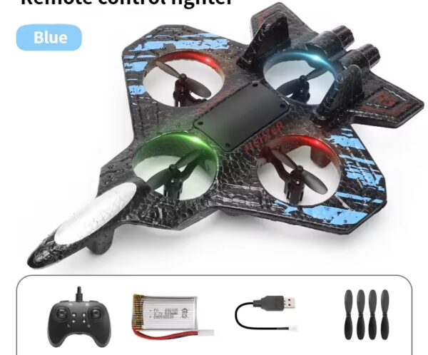 Blue remote-control fighter drone with four colored propellers; inset shows remote, battery, USB charging cable, and spare blades.