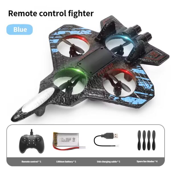 Blue remote-control fighter drone with four colored propellers; inset shows remote, battery, USB charging cable, and spare blades.