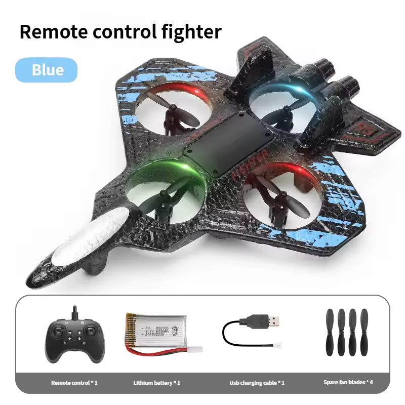 Blue remote-control fighter drone with four colored propellers; inset shows remote, battery, USB charging cable, and spare blades.