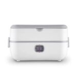 White electric lunch box with a gray top lid, side clasps, and a compact form factor.