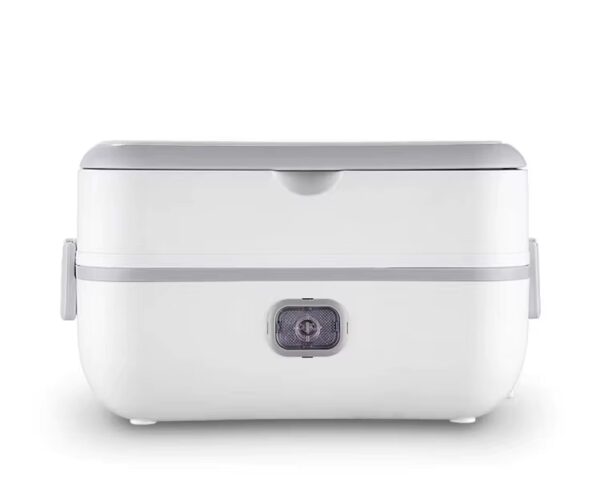 White electric lunch box with a gray top lid, side clasps, and a compact form factor.