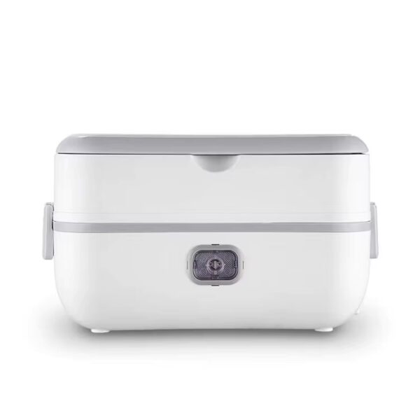White electric lunch box with a gray top lid, side clasps, and a compact form factor.