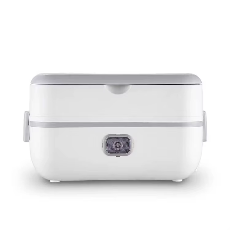White electric lunch box with a gray top lid, side clasps, and a compact form factor.