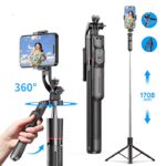 Selfie stick with a phone mounted on a 360° rotating gimbal and wireless remote control, shown in use.