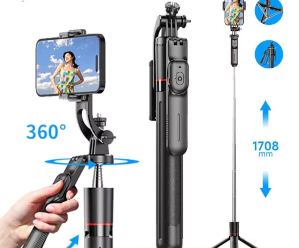Selfie stick with a phone mounted on a 360° rotating gimbal and wireless remote control, shown in use.