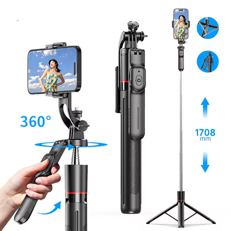 Selfie stick with a phone mounted on a 360° rotating gimbal and wireless remote control, shown in use.