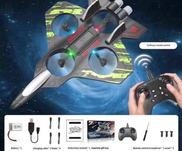 Space-themed toy fighter drone with four propellers and a handheld remote, set against a starry background.