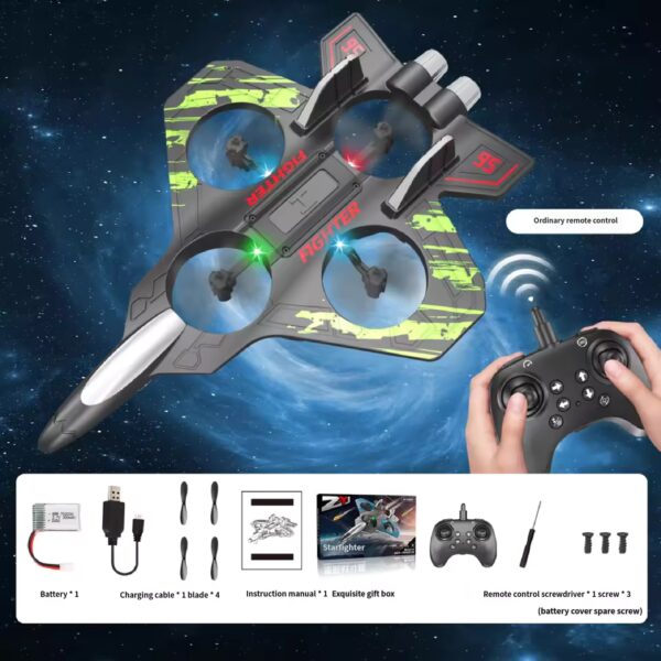 Space-themed toy fighter drone with four propellers and a handheld remote, set against a starry background.