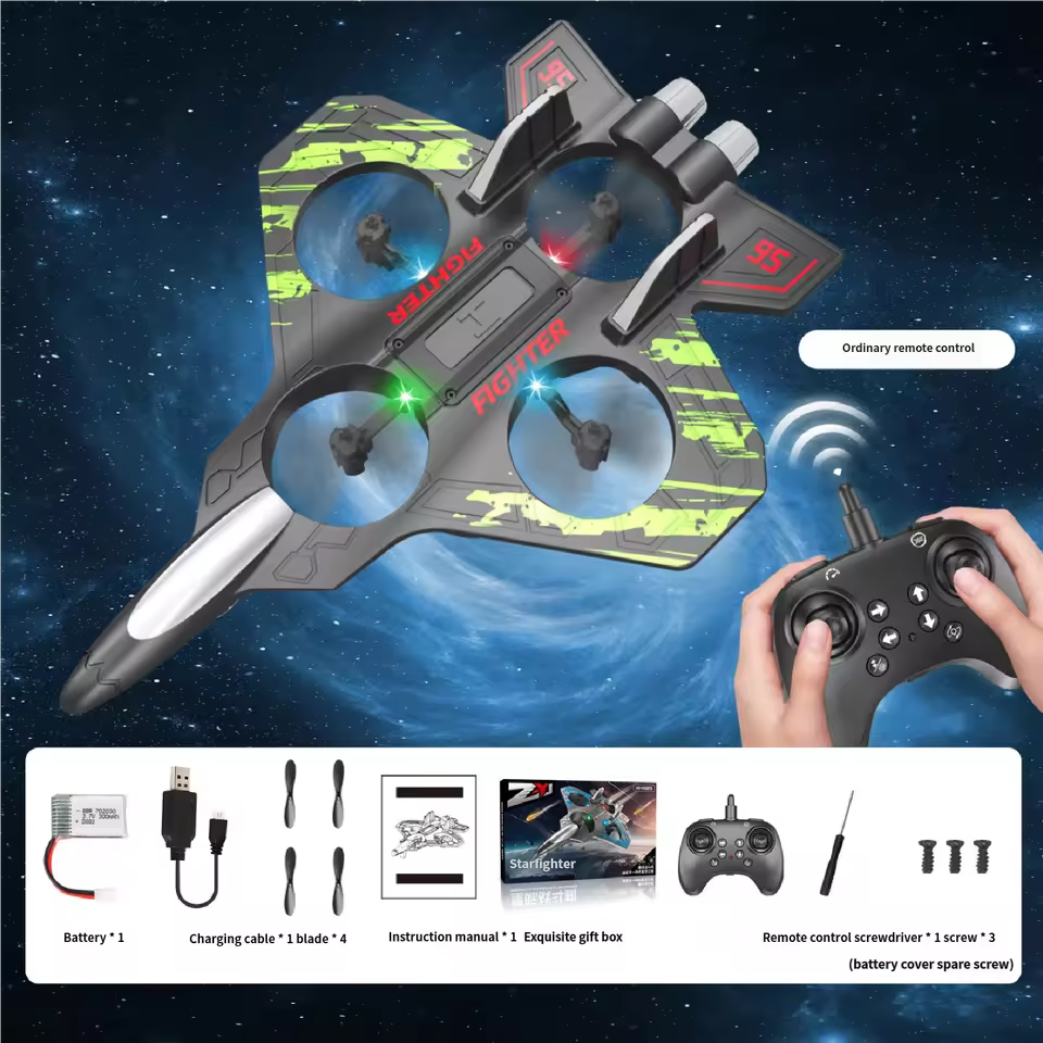 Space-themed toy fighter drone with four propellers and a handheld remote, set against a starry background.