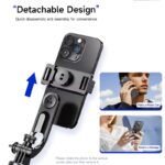 Phone mounted on a detachable adjustable clamp with a swivel arm, illustrating quick release.