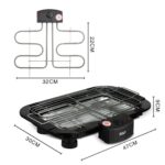 Portable electric grill with removable wire rack and adjustable heat control; includes dimensions 47 cm (L) x 30 cm (W) x 9 cm (H).
