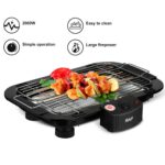 Electric tabletop grill with skewers cooking kebabs; indicates 2000W power and easy-to-clean design.