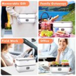White portable lunch cooler being carried by a person, with an orange Memorable Gift banner at the top left corner.
