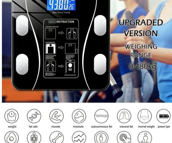 Digital body composition scale with a blue backlit display and an instruction panel, showing 'UPGRADED VERSION WEIGHING RANGE 0-180kg' beside silhouettes of people exercising. Below, a row of circular icons represents metrics such as weight, fat percentage, muscle, moisture, subcutaneous fat, visceral fat, bone mass, protein, body type, and touch button features.