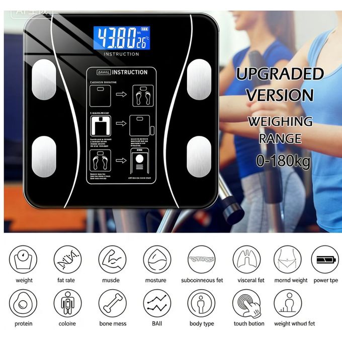 Digital body composition scale with a blue backlit display and an instruction panel, showing 'UPGRADED VERSION WEIGHING RANGE 0-180kg' beside silhouettes of people exercising. Below, a row of circular icons represents metrics such as weight, fat percentage, muscle, moisture, subcutaneous fat, visceral fat, bone mass, protein, body type, and touch button features.