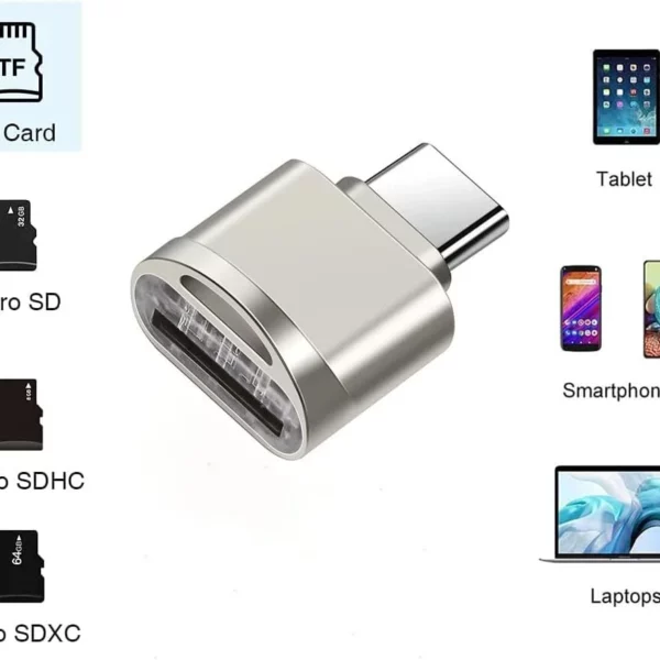 Metal USB-C card reader adapter compatible with microSD/TF (Micro SD, Micro SDHC, Micro SDXC) cards for tablets, smartphones, and laptops.