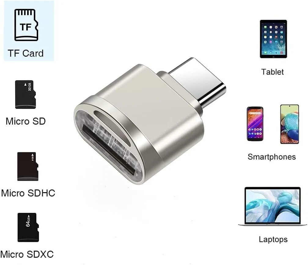 Metal USB-C card reader adapter compatible with microSD/TF (Micro SD, Micro SDHC, Micro SDXC) cards for tablets, smartphones, and laptops.