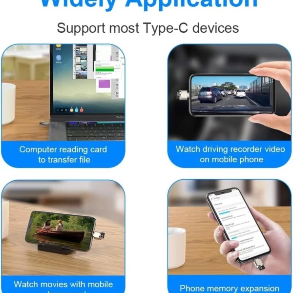 Four rounded panels show Type‑C device uses: transfer files from a laptop, view phone video in a car dashcam, watch phone videos on a mobile, and expand phone memory.