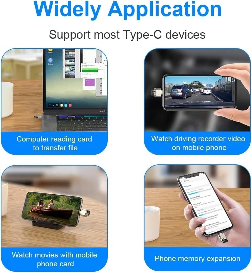 Four rounded panels show Type‑C device uses: transfer files from a laptop, view phone video in a car dashcam, watch phone videos on a mobile, and expand phone memory.